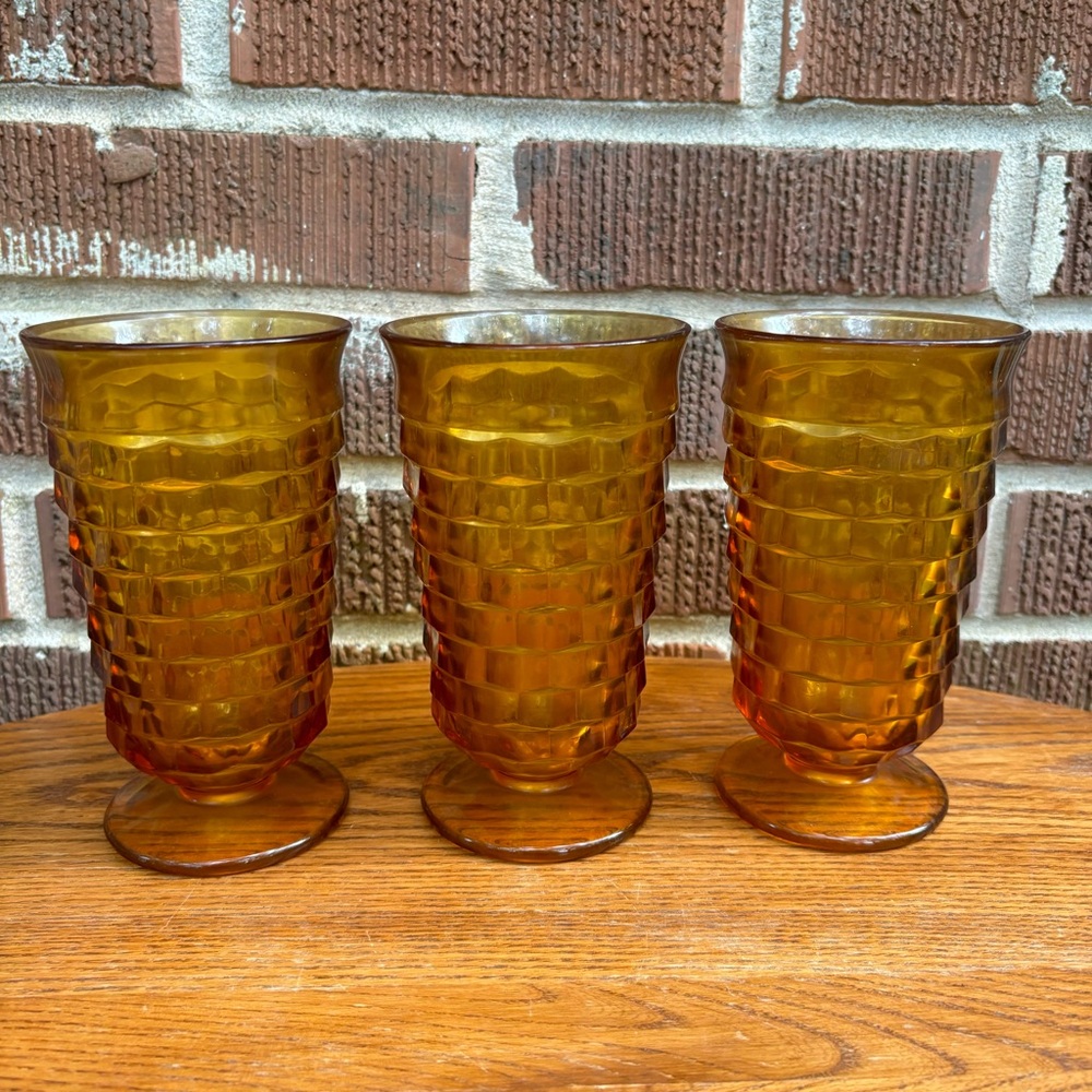 Vintage Amber Whitehall Indiana Glass Cubist Stemware Glasses 6" 12 oz. Set of 3